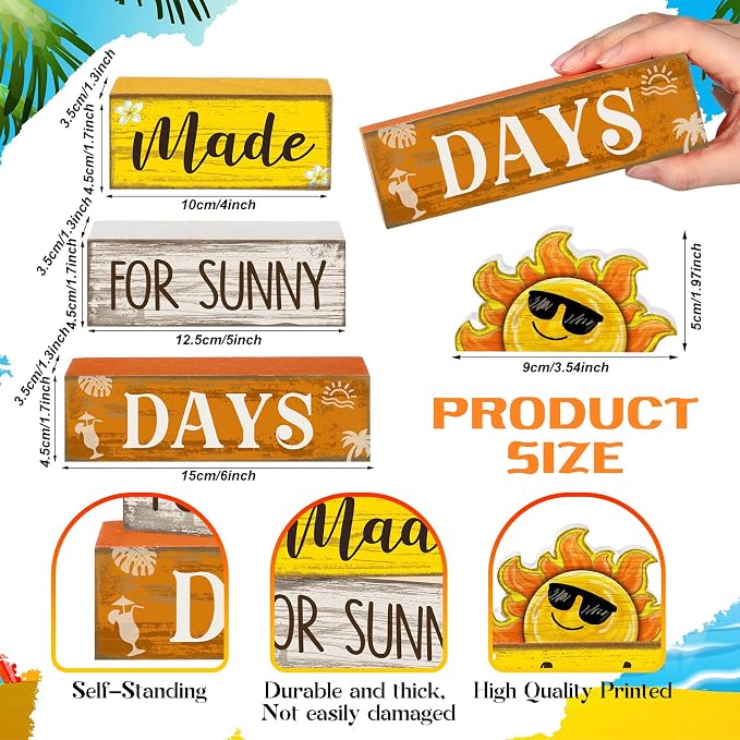 Lineshading 4 Pcs Summer Table Decor Farmhouse Wooden Sun Beach Block Signs | Rustic Tiered Tray Decorations for Summer Home Decor, Sunny Days Theme Wooden Blocks with Sun Design