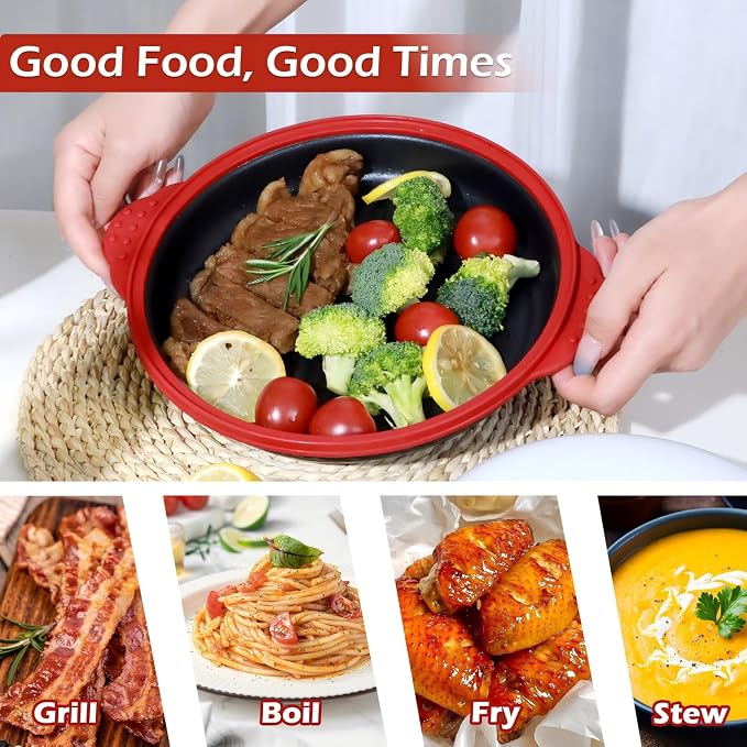 Microwave Grill Pan with Glass Splatter Cover（BPA Free） | Nonstick Microwave Crisper Pan & Cookware Accessories for Grilling Meat, Sandwich, Chicken Wings, Sausage,Dishwasher Safe