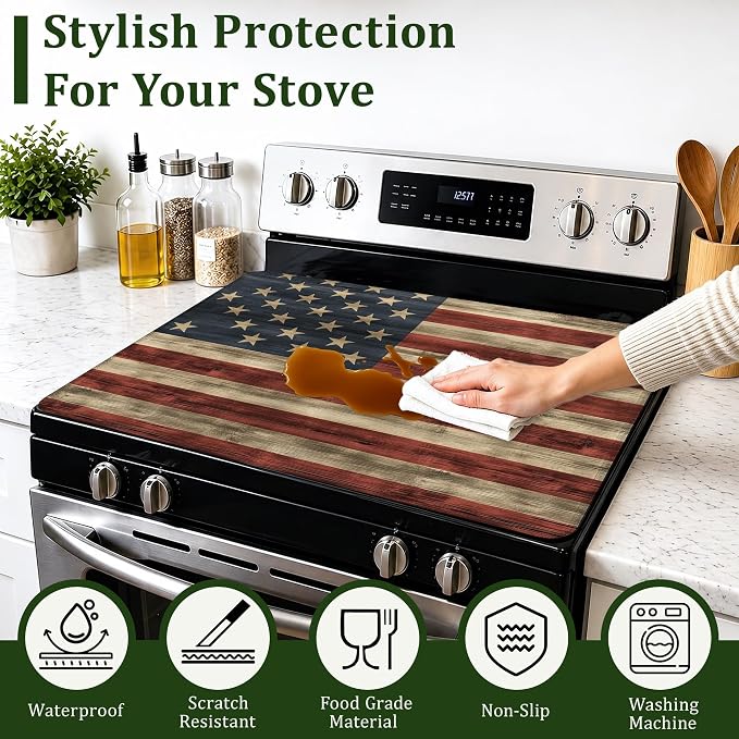 American Flag Grunge Electric Stove Top Cover Protector,Glass Flat Top Stove Mat,Heat-Resistant Oven Induction Cooktop Mat for Ceramic Countertop Mats Dish Drying Mat