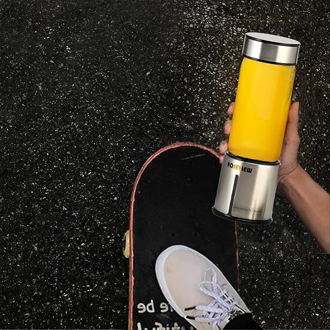 Portable Smoothie Blender ROSEVIEW Glass Cordless Mini Shakes Cup blend for smoothies USB rechargeable juicer 2 battery Handheld Personal travel Jet mixer (Black Steel) (Innox Steel)