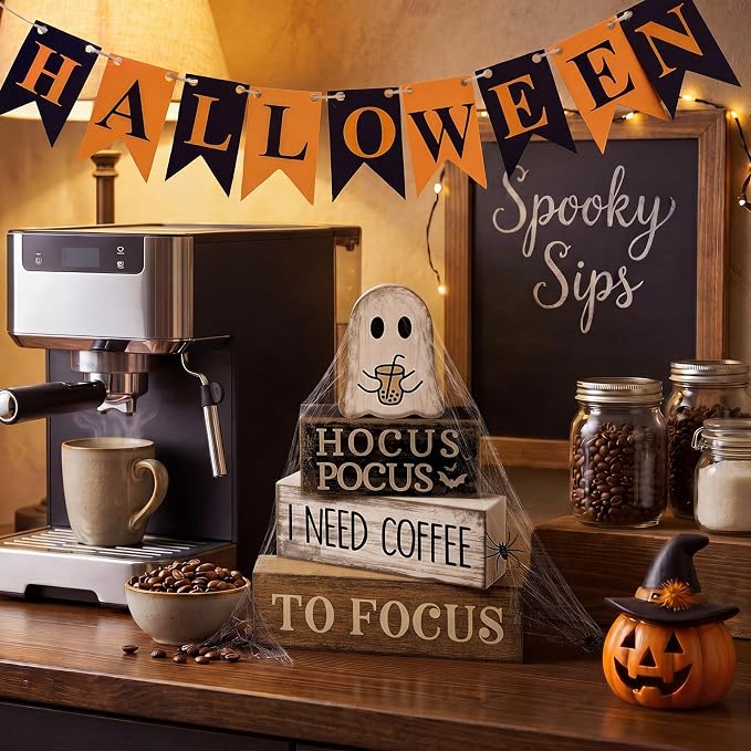 Lineshading 4 Pcs Wooden Tiered Tray Decor Ghost Coffee Block Signs | Farmhouse Tabletop Decor for Halloween, Coffee Theme Hocus Pocus Humor Blocks, Rustic Gift for Home Styling