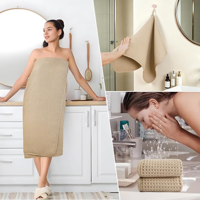 POLYTE 430 GSM Poly Blend Microfiber Quick Dry Waffle Bath Towel Set of 6 | 2-Body Towels, 2-Hand Towels, 2-Wash cloths, Oversize, Lint Free