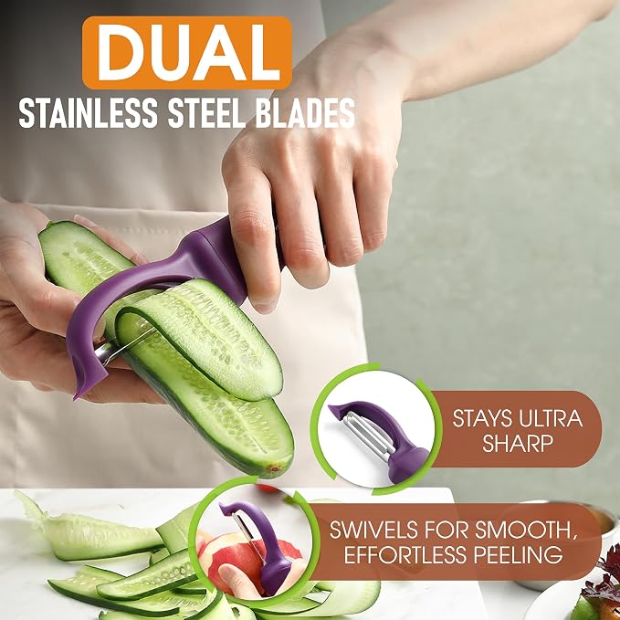 Spring Chef Swivel Vegetable Peeler w/Ergonomic Handle, Set of 2, Purple | Premium Potato Peeler w/ Ultra Sharp Stainless Steel Blades, Multifunctional Veggie Peeler for Apple, Carrot, Cucumber, Fruit