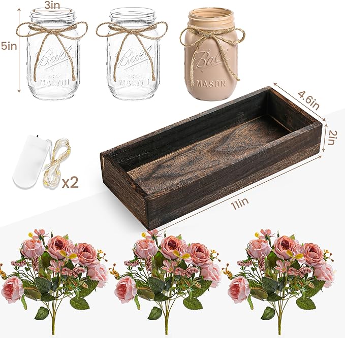 3 Pcs Mason Jar Centerpiece Table Decorations for Dining Table Decor Farmhouse Coffee Table Decor with Wood Tray and Led Light Table Centerpieces for Dining Room Kitchen Living Bathroom,Pink | Rustic Farmhouse Decor for Home Décor Accents Kitchen Count...