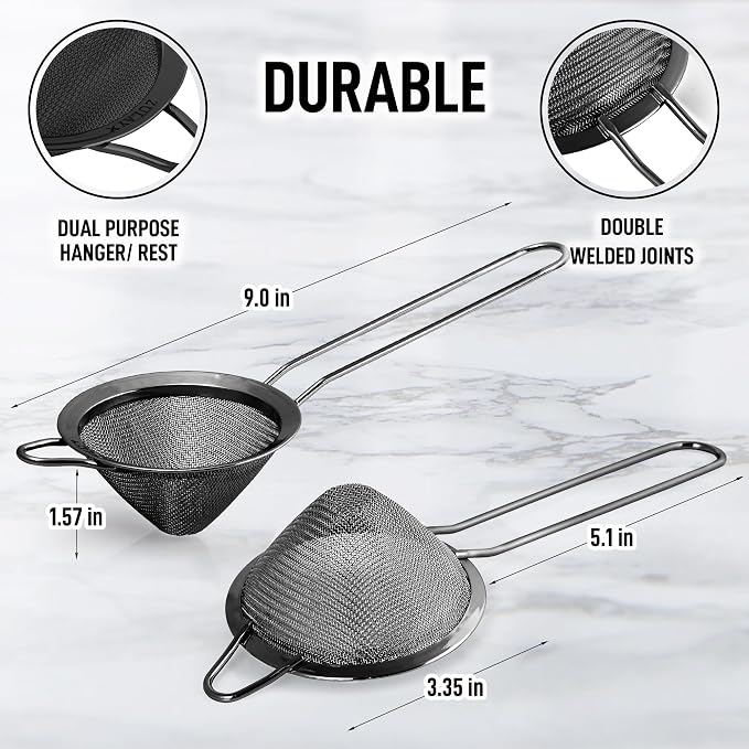 Zulay Kitchen 304 Stainless Steel Fine Mesh Strainer For Kitchen - Sieve Sifters For Food, Tea, Rice, Oil, Noodles, Fruits, Vegetables - Rust-Proof, Easy to Clean Drink Strainer (Black)