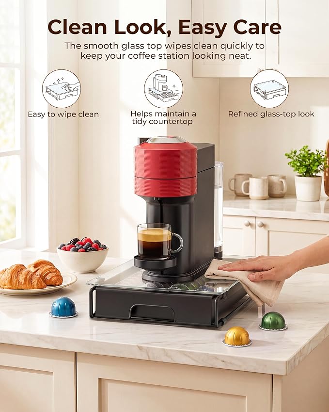 EVERIE Nespresso Vertuo Pod Holder Drawer, Coffee Pod Organizer with Universal Slots, Holds 40 Large or 52 Small Capsules, Tempered Glass Top Storage Drawer for Coffee Makers, 12" x 16.5" x 3.5"