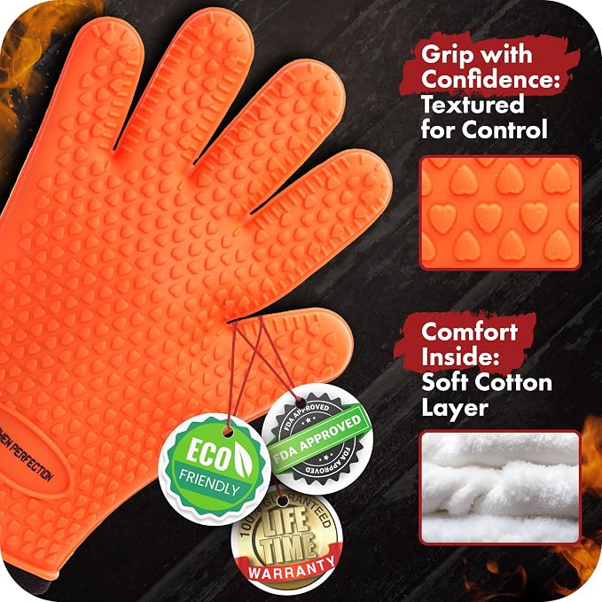 KITCHEN PERFECTION Silicone Smoker BBQ Gloves - Heat Resistant Oven Mitts | Waterproof, 5-Finger Design For A Better Grip, for Pitmasters, Meat Smoking, Grilling, Cooking, Frying Turkey | Grill Gift