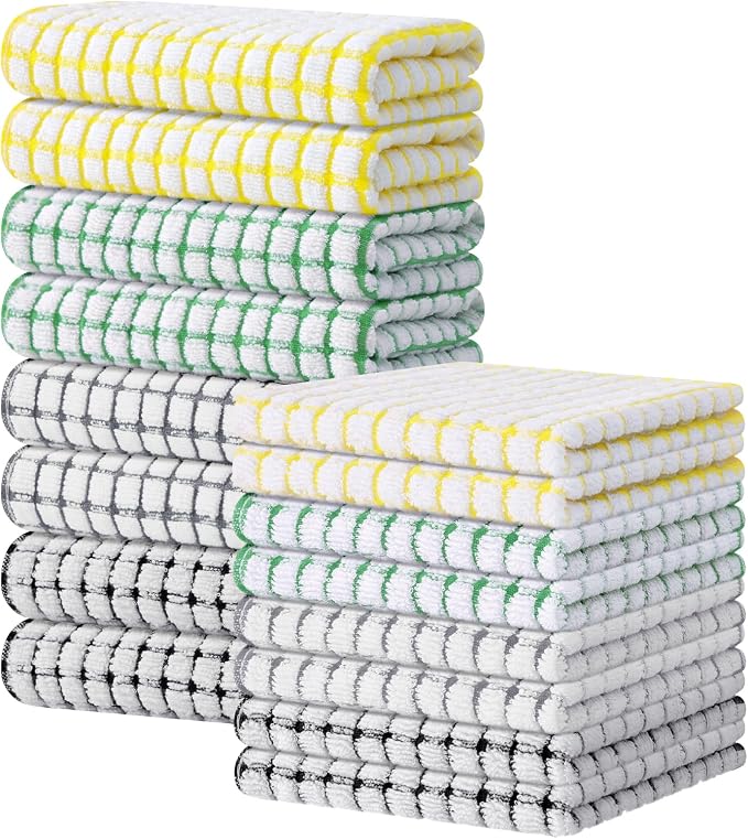 Kitinjoy Cotton 16 Pack Kitchen Towels and Dishcloths Sets, Multi-Colored | 16 x 25 Inch & 12 X 12 Inch Dish Towels Bulk, Super Soft and Absorbent hand towels for kitchen Drying
