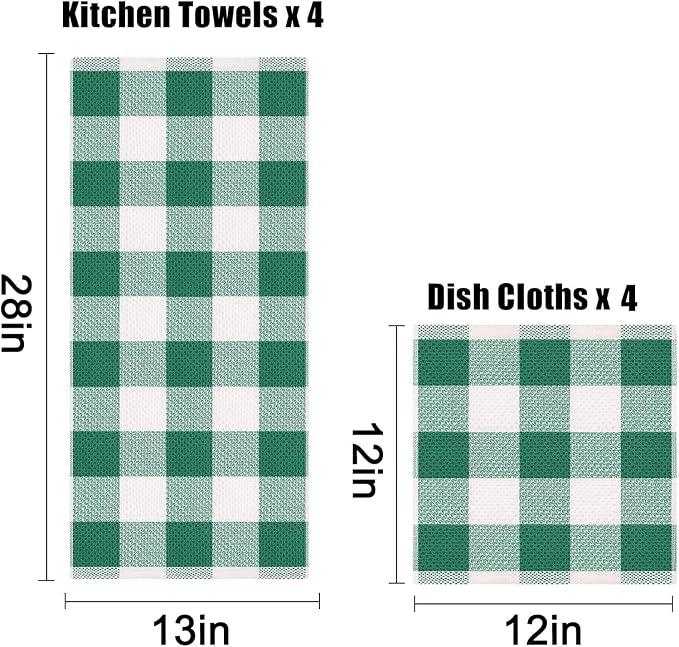 Homaxy Kitchen Towels and Dishcloths Set, Set of 12, White & Dark Green | Bulk Cotton Waffle Weave Check Plaid Kitchen Towels, Super Soft and Absorbent Dish Cloths, 12 x 12 and 13 x 28 Inches