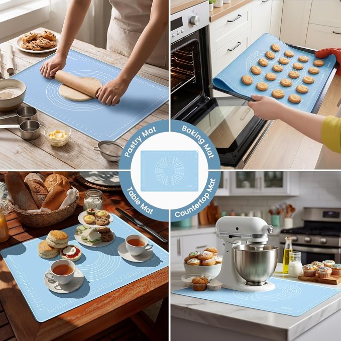 24x16 Silicone Rolling Mat Non-Stick Food Grade Baking Mat w/Measurements | Non-slip edges, heatproof silicone, nonstick, measuring guides, oven/dishwasher safe, tearproof, easy clean.