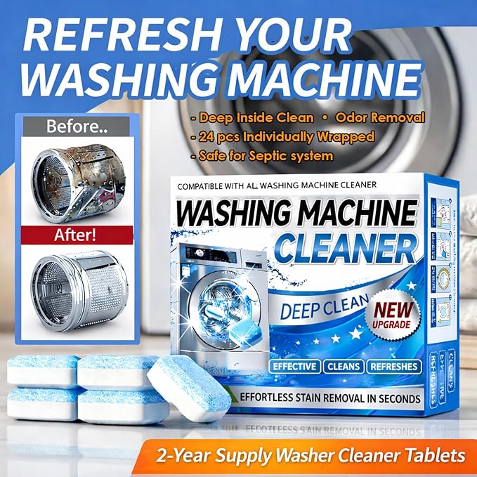 Enzyme Washing Machine Cleaner Tablets (24 Pack) – Protease Laundry Machine Cleaner Descaler for HE, Front Load & Top Load Washer, Deep Clean, Removes Odor, Fur, Residue & Buildup (2-Year Supply)