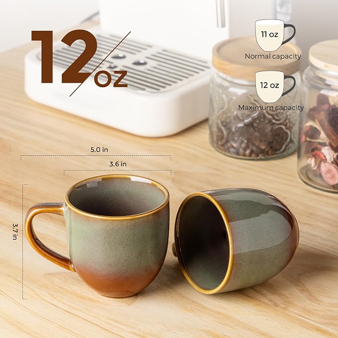 theterra Ceramic Coffee Mugs Set of 6, 12 oz Coffee Cups with Handle | Handmade, Suitable for Latte, Tea, Milk, Beer & Hot Cocoa, Sage Umber