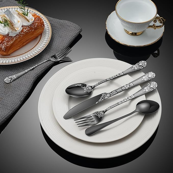 40 Piece Black Silverware Set, Stainless Steel Flatware Cutlery Set Service for 8, Mirror Polished Tableware Eating Utensils Set for Home Kitchen, Include Knife Fork Spoon Set, Dishwasher Safe