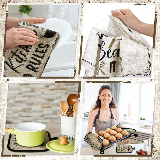 Fourluoo 10 Pcs Attractive Style Kitchen Dish Towels Rugs Oven Mitts and Pot Holders Set Farmhouse Kitchen Decor Set for Women Mom Daughter Gift Cooking Baking Grilling (Rustic Farmhouse)