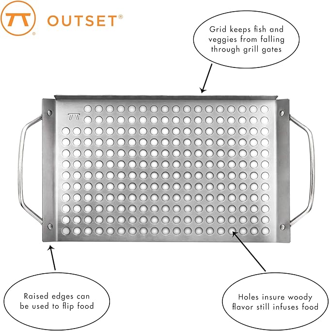 Outset Stainless Steel Grill Topper Grid, Set of 2, 11"x7" & 11"x17" Trays | Stainless Steel Grill Toppers | BBQ Veggie Grill Trays | Easy to Carry | Seafood Grill Tray With Holes | Infuses Flavor