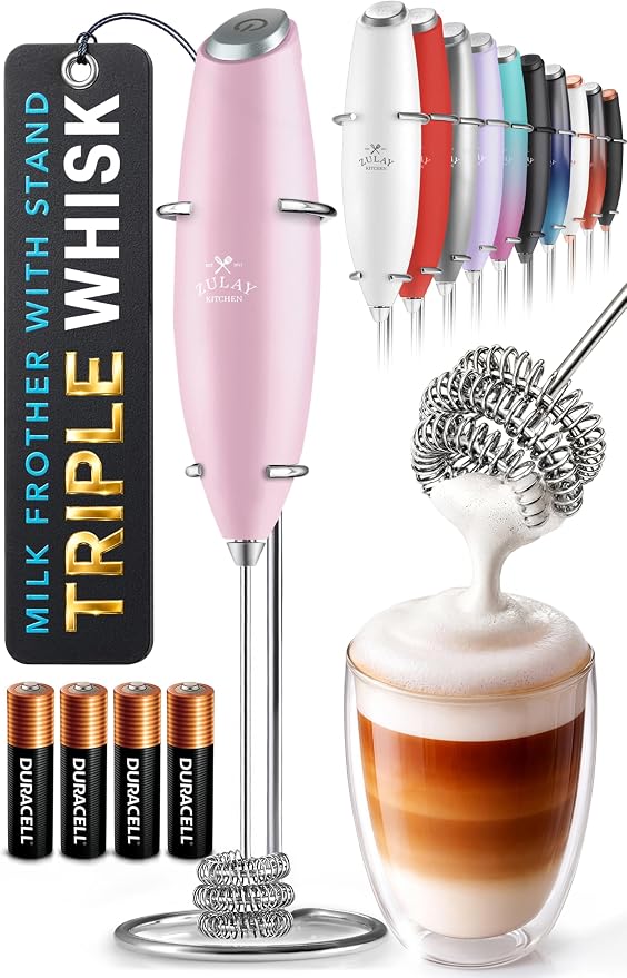 Zulay Kitchen Powerful Milk Frother Wand With Duracell Batteries - Ultra Fast Handheld Drink Mixer - Electric Whisk Foam Maker for Coffee, Lattes, Cappuccino & Matcha - Triple Whisk - Mint Candy
