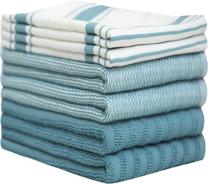 Premium Kitchen Towels 6 Pack 100% Cotton, 20"x28" Dish Towels - Aqua | Large Flat & Terry Kitchen Linen Set with Hanging Loops, Highly Absorbent for Washing and Drying Dishes