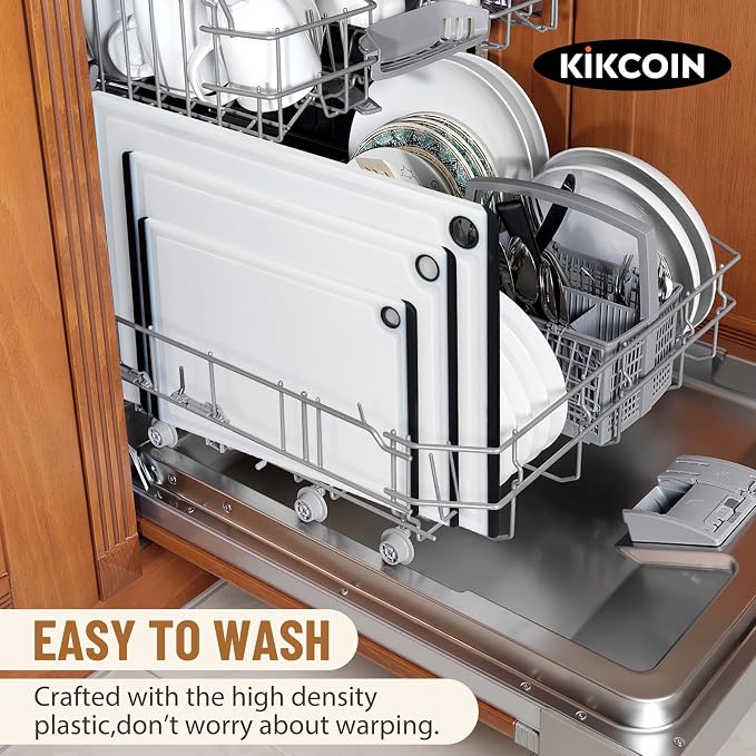 Kikcoin Plastic Cutting Boards for Kitchen, 3-Piece Large Cutting Board Set Dishwasher Safe Chopping Boards with Non-slip Feet and Juice Grooves, White