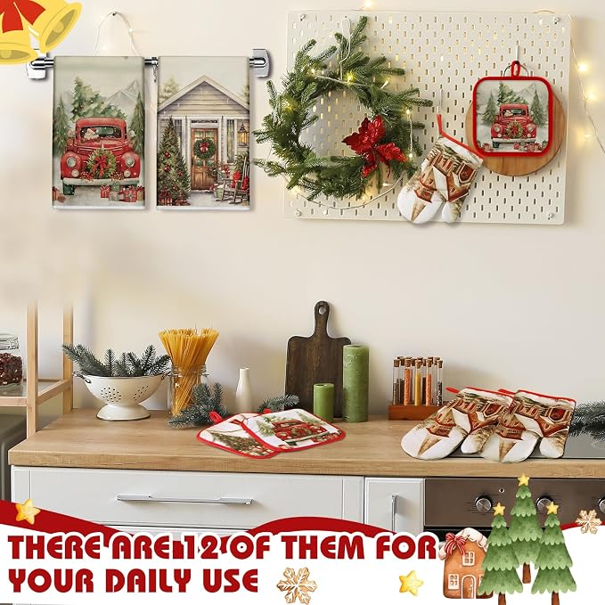 SiliFine 12 Pcs Christmas Kitchen Accessories Set Nutcracker Pot Holders Red Truck Oven Mitts Vintage Winter Church Kitchen Towels for Country Christmas Home Decorations, Cooking Baking Holiday Gifts