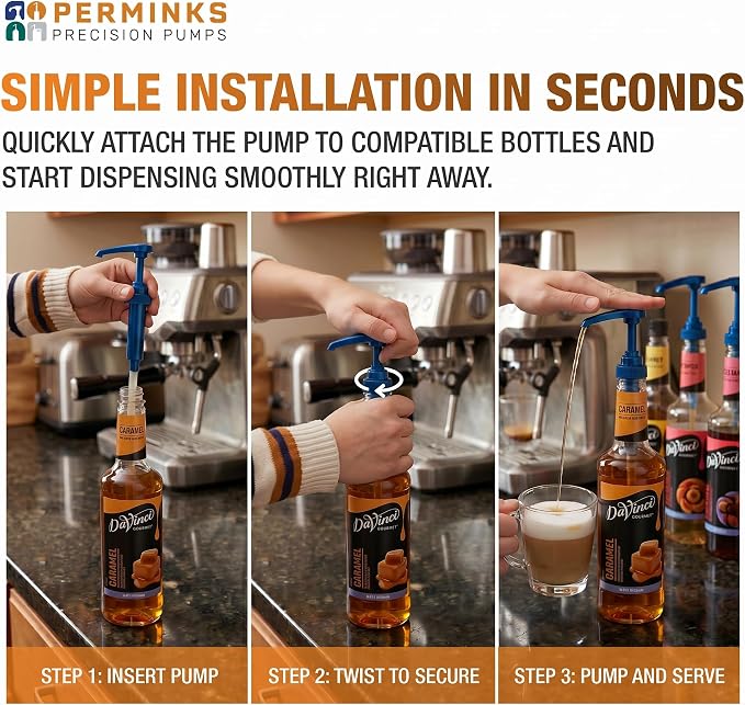 Syrup Pump, Compatible with 750ml Torani, Davinci & Skinny, 2-Pack, Blue | Leak-free, 1/4oz precision pump with locking nozzle. Great for coffee bar accessories, dirty soda stations & dessert sauces