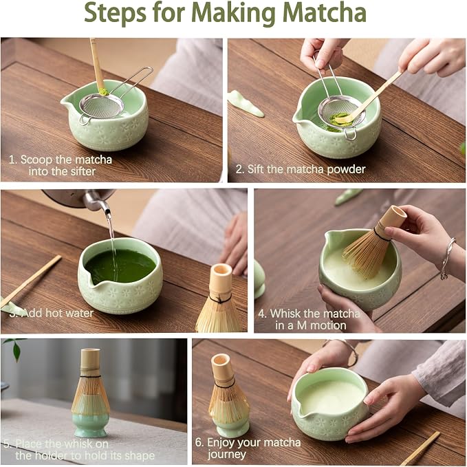 Buucup Matcha Whisk Set, Ceramic Matcha Kit with Bowl & Bamboo Tools | 7-piece set includes ceramic bowl, bamboo whisk, scoop, holder, rest, sifter and tea towel for home matcha making.