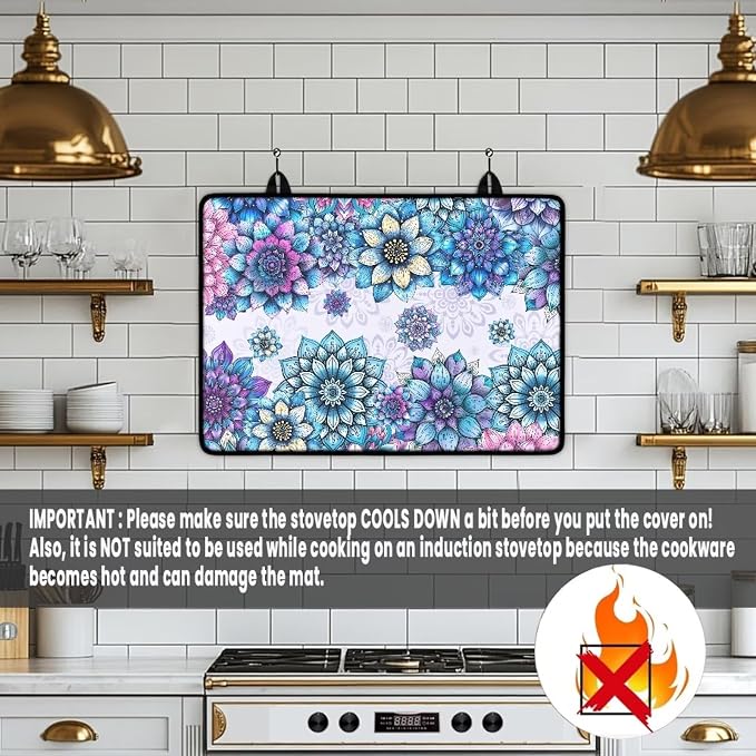 Bohemian Lotus Flower Print Stove Top Covers for Electric Stove Heat Resistant Silicone Cooktop Cover Anti-Slip Stovetop Protector Coffee Machine Mat for Kitchen, 29.18 x 20.96 inch