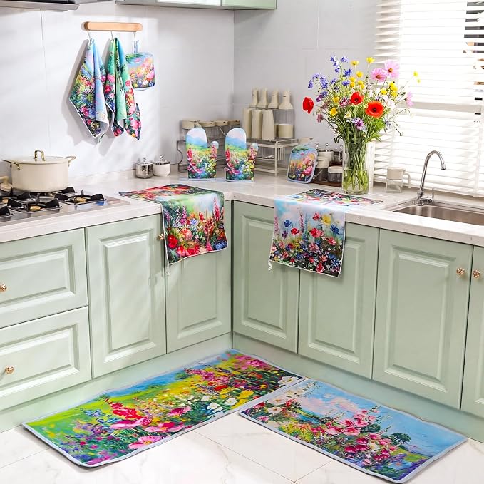 Fourluoo 10 Pcs Spring Kitchen Decor Sets Oil Painting Kitchen Towels Pot Holders Oven Mitts Floral Non Slip Rugs and Mats for Floor Home Accessories Cooking Baking Grilling