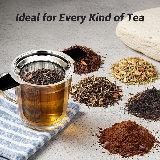Tifanso Fine Mesh Stainless Steel Reusable Tea Infuser with Double Handles | Heat Resistant Grip, For Loose Leaf Tea Steeping, Fits Most Mugs & Cups, Rustproof Durable, Easy to Clean