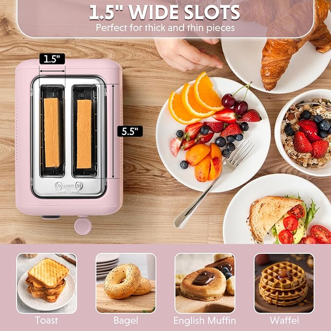 BUYDEEM DT620 2-Slice Toaster, 7 Shade Settings, Extra Wide 1.5'' Slots for Bagel & English Muffin, 6 Toasting Functions, Retro Stainless Steel Toaster with High Lift Lever, Pink
