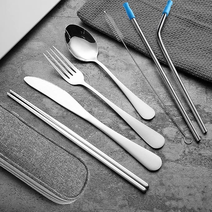 Travel Utensils Set with Case Reusable Portable Cutlery Set Stainless Steel 8pcs Including Dinner Knife Fork Spoon Chopsticks Straws(Silver) | Dishwasher Including Dinner Knife Fork Spoon Chopsticks Straws Travel Fork Spoon Knife for Work, School, Camp...