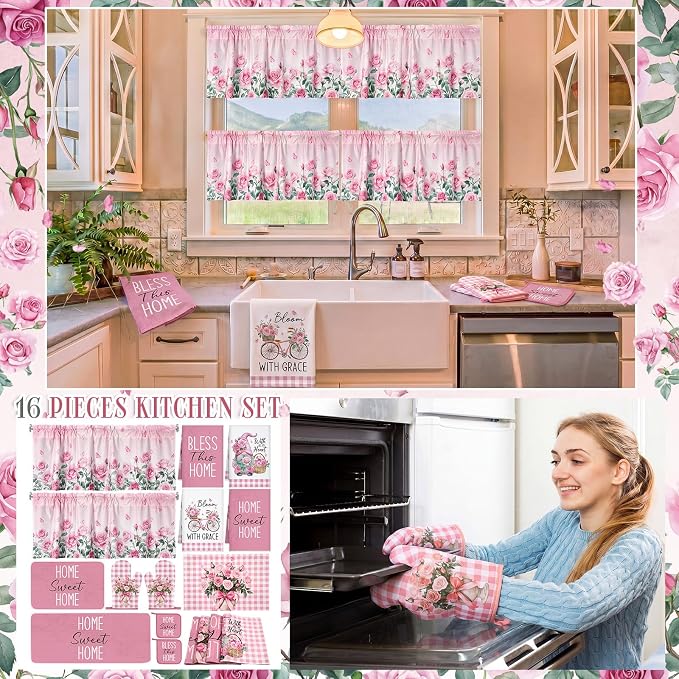 Fourluoo 16 Pcs Pink Rose Kitchen Decor Set Kitchen Towels Placemats Non Slip Rugs and Mats for Floor Oven Mitts Gloves Pot Holders Floral Curtains for Home Decoration Gift