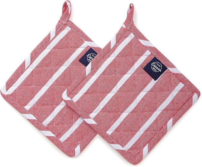 Encasa XO Pot Holders, Quilted Kitchen Hot Pads 8"x8" Roma Red Stripes | 100% Eco-Friendly Cotton | Thick Cotton Padding Insulation | Convenient Hanging Loop | Set of 2