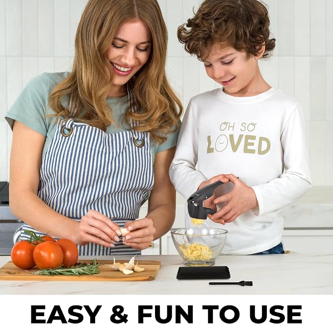 Zulay Kitchen Premium Garlic Press Set – Rust Proof & Dishwasher Safe Garlic Mincer Tool with Silicone Garlic Peeler & Brush, Easy Squeeze & Clean, Ergonomic Soft Grip Handle - Medium – Black