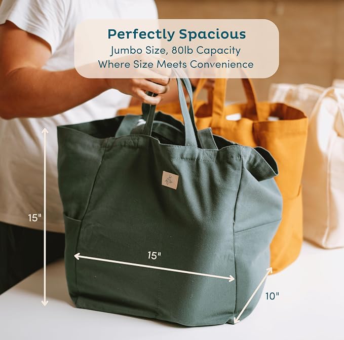 Nook Theory 3-Pack Reusable Grocery Bags - Heavy Duty, Large 12 Oz Cotton Canvas Reusable Shopping Bags With Pockets, 100% Cotton Cloth Grocery Totes, Foldable Multi Compartment (Army Green)