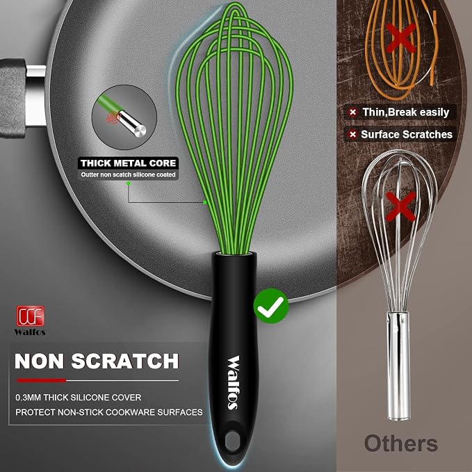 Walfos Silicone Whisk, Rubber Whisks for Cooking, Baking (11,9,8.5 inch) - Heat Resistant Kitchen Whisks for Non-stick Cookware, Balloon Egg Beater Perfect for Blending, Whisking, Beating, Frothing