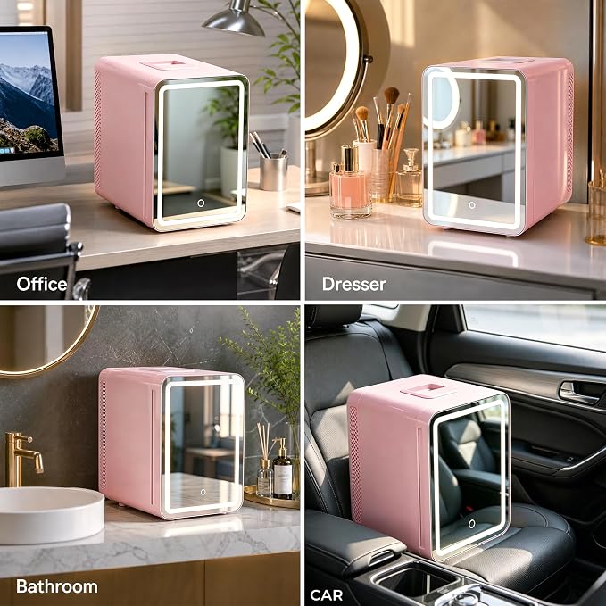 Kikihouse 16L/20L Skincare Fridge with LED Mirror, Small Fridge for Makeup | Portable Skin Care Fridge for Beauty, Cosmetics, Personal Mini Refrigerator for Food, Office, Dorm, Car, Cooler & Warmer