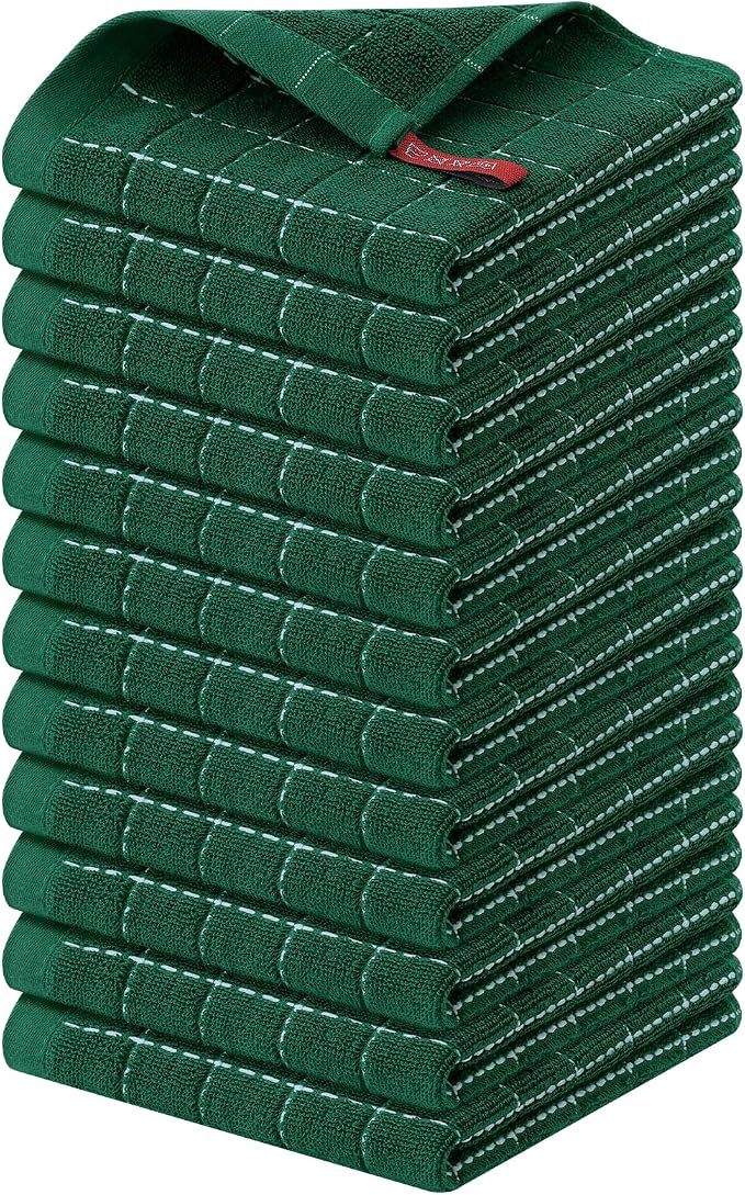 Homaxy 100% Cotton Terry Kitchen Dish Cloths, 12 Pack, Dark Green | Ultra Soft and Absorbent, Suitable for Drying and Washing Dishes