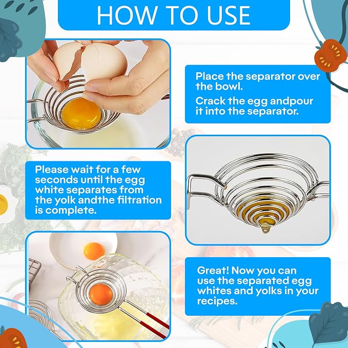 Egg Separator for Raw Eggs, Stainless Steel Yolk Remover and Filter | Sits Over a Bowl, Drains the White, Keeps the Whole Yolk Back - a Stainless Steel Kitchen Gadget for Whipping and Cake Baking