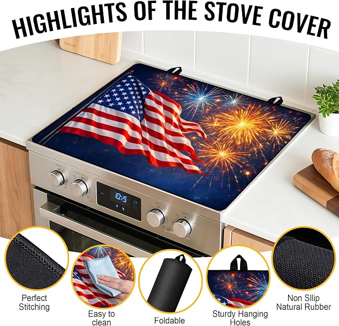 NYZE American Flag Stove Cover 4th of July Stove Top Cover for Electric Stove Fireworks Decorative Flat Top Protector for Kitchen Counter 28x20 Inch
