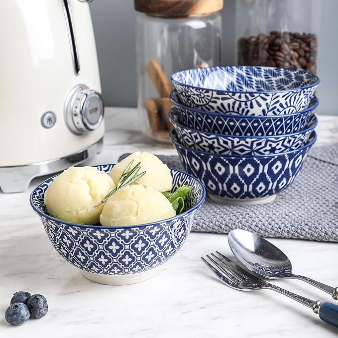 Selamica Porcelain 11oz Ice Cream Bowls Set of 6, Small Bowls, Vintage Blue | Ceramic bowls for Dessert, Ice Cream