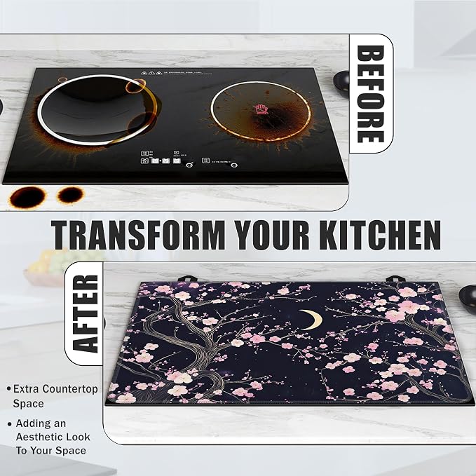 Electric Stove Top Cover,Pink Peach Blossom Stove Cover for Glass Top Electric Stove,Moon Night Heat Resistant Flat Top Stove Mat Countertop Protector, 28 x 20 Inch