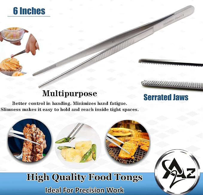 6 Inch Professional Culinary Stainless Steel Precision Tongs with Serrated Tips, Plating/Food Presentation Detailing Serving Tongs, Chef's Kitchen Tweezer Tongs - Ultra Non-Slip Grip