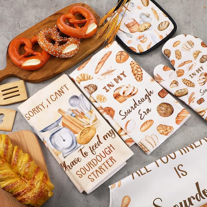 Hahafelt 5 Pcs Sourdough Gifts: Apron Kitchen Towels Oven Mitt Pot Holder | Sourdough Baking Gift Set for Bakers, Bread Lovers, Women