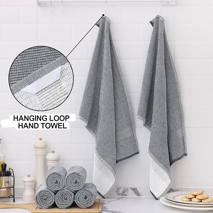 Homaxy 380 GSM Cotton Premium Kitchen Towels 12 Pack, 18"x 28", Grey | Flat and Terry Dish Towels, Highly Absorbent Tea Towel Set with Hanging Loop, Soft Utility Kitchen Hand Towels