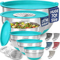 PriorityChef 6pc Stainless Steel Mixing Bowls with Lids Set, 7 Qt Turquoise | Non-Slip Nesting Bowls, 3 Graters and Interior Measurement Marks; For Meal Prep, Baking and Airtight Fridge Storage