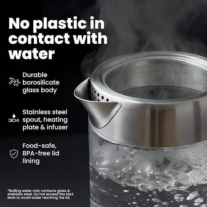 Viante Alba Electric Tea Kettle With Infuser, No Plastic, 1.5L | Borosilicate glass & 304 stainless steel construction. 4 temp presets, keep-warm, cordless, auto shut-off