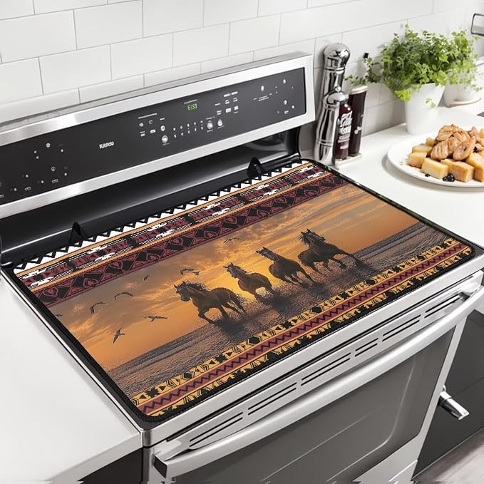 Aztec Horse Electric Stove Top Cover,Black Cat Stove Cover for Glass Top Electric Stove,Astrology Heat Resistant Flat Top Stove Mat Countertop Protector