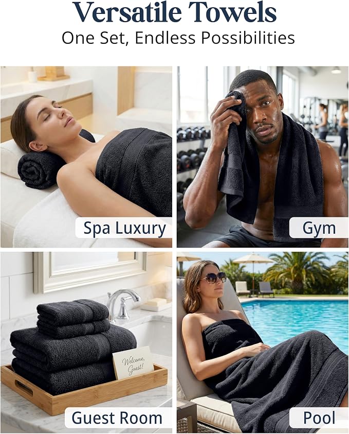 LANE LINEN Bathroom Towel Set 6 Piece Soft Absorbent Quick Dry - Black | Cotton Towel Set - Coordinated Colors, Dobby Border Accent, OEKO-TEX Certified, Ring-Spun Durability, Ring-Spun Cotton