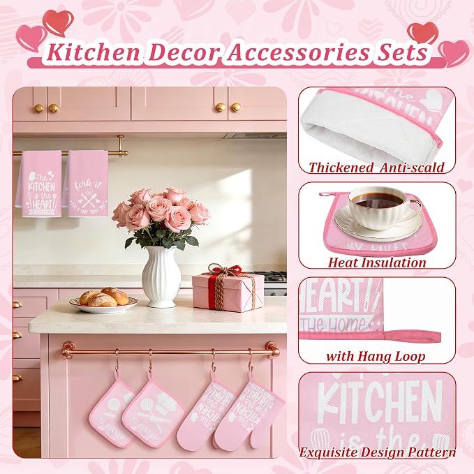 8 Pcs Pink Kitchen Decor Set 4 Pink Kitchen Dish Towels 2 Oven Mitt 2 Pot Holders for Kitchens Cooking Baking Spring Decoration Farmhouse Housewarming Accessories