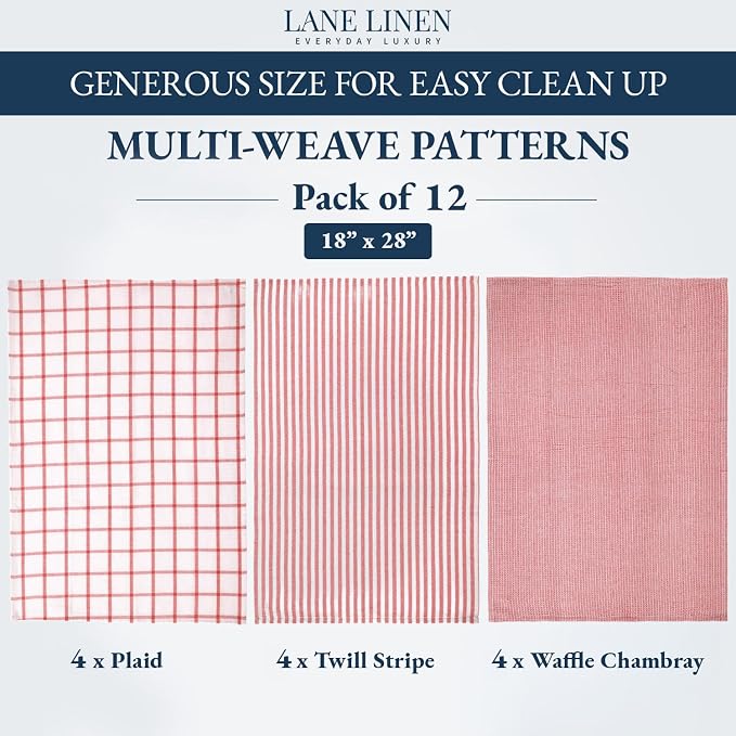 LANE LINEN Kitchen Towels Set of 12-100% Cotton, Quick-Drying 18” x 28” Absorbent Dish & Tea Towels, Premium Hand Towels for Drying Dishes - Christmas Red